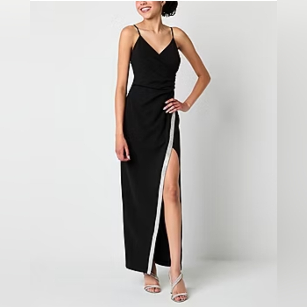Bay & Bay Black Maxi Dress Rhinestone Slit Sexy Formal Evening Gown XL